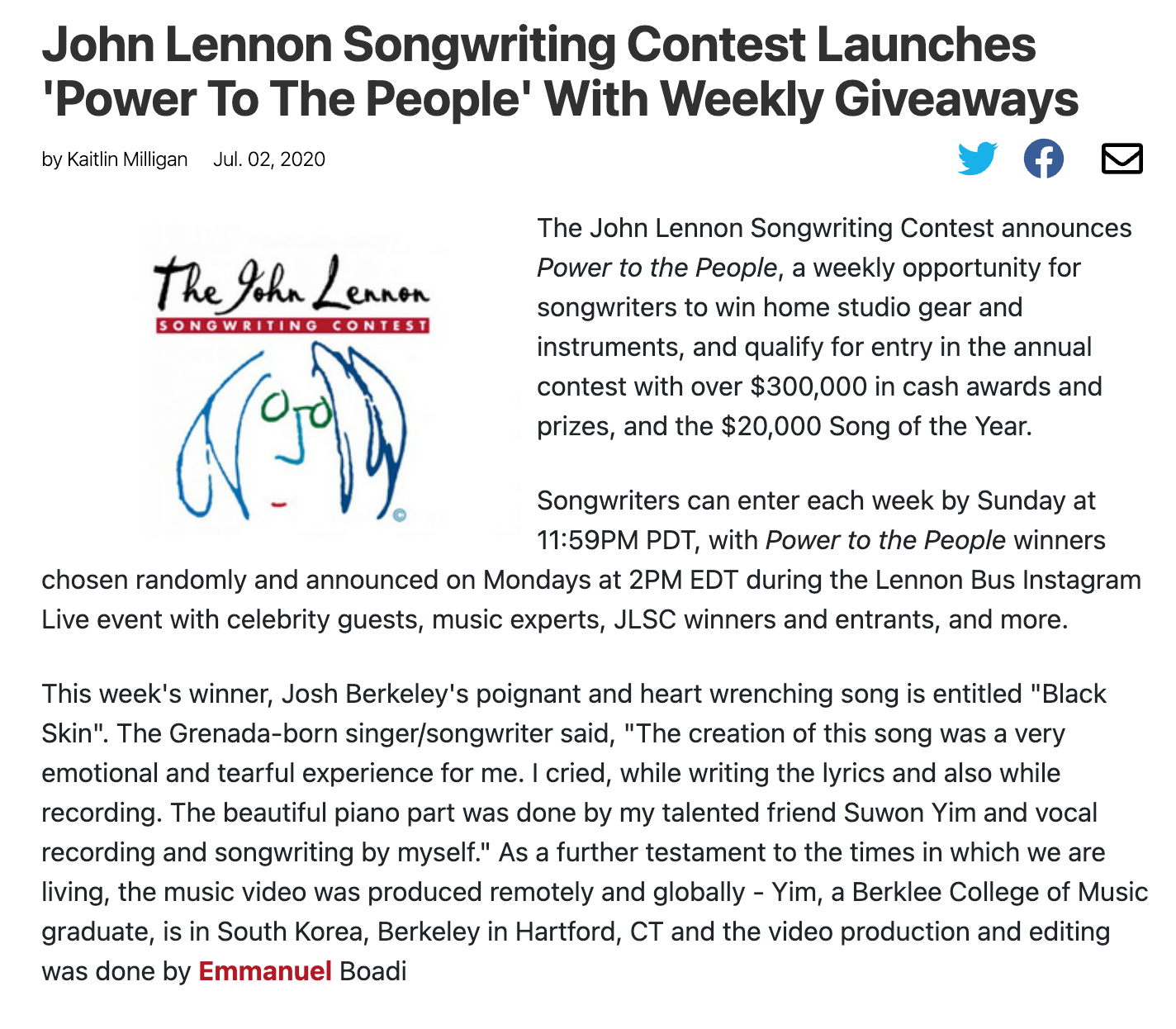 John Lennon Songwriting Contest Launches ‘Power To The People’ With Weekly Giveaways